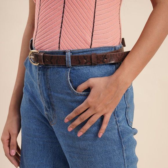 Genuine Leather Snake Foil Print Belt  Dark Brown S/M - Picture 3 of 5